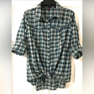 Fire Los Angeles long sleeve button down plaid shirt with ruffled yoke detail